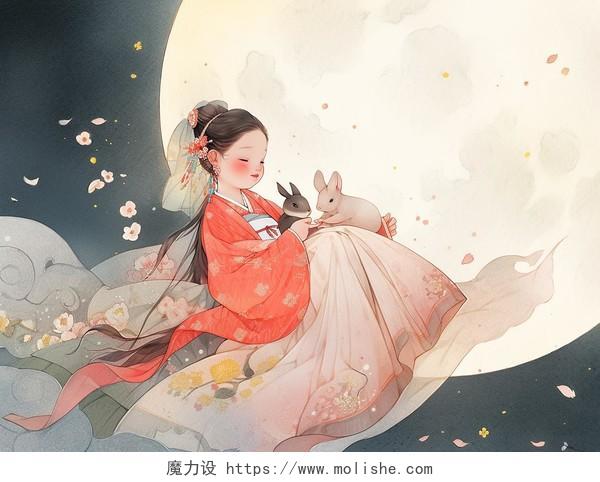 中秋节嫦娥玉兔月下插图卡通可爱唯美水彩手绘古风人物插画壁纸